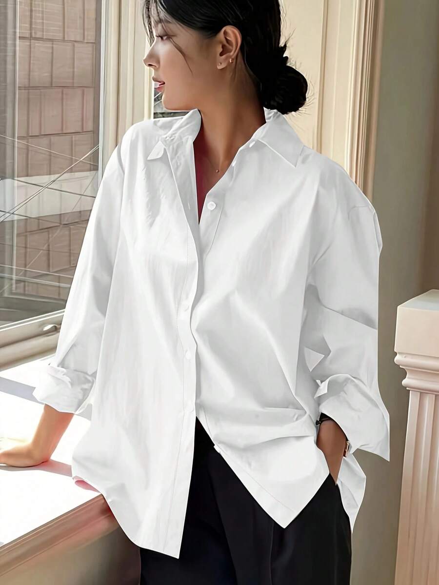 Plus Size Women Long Sleeve Casual Solid Color Front Button-Up Shirt - White - View 1