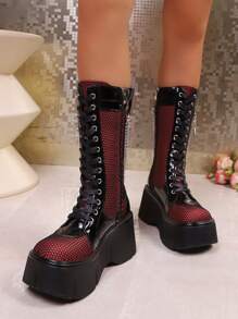 1 Pair Contrast Color Gothic Y2K Punk Street Nightclub Side Zipper Lace-Up Metal Chain Mid-Calf Boots