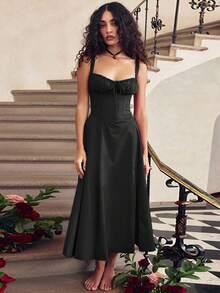 Mujeres Temperamento Moda Senior Sentido Francés Tirantes Suave Viento Vestidos Largo Dividido, Mujeres Temperamento Elegante Sexy Tirantes Vestido Elástico, conjuntos elegantes de mujer falda,Suave y Cómodo Tejido Agradable a la Piel, Adecuado para Banquetes, Asistir a Eventos, Hospedaje, Playas, Viajar Sesiones de Fotos, Fotografía de Calle, Trabajo y Uso Casual Diario. - Negro - Ver 3