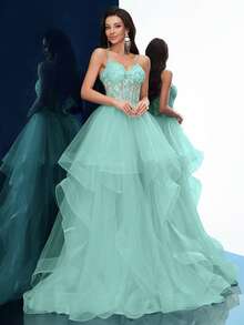 女士正式礼服优雅夏季晚礼服毕业生日派对舞会纯色贴花无袖层叠下摆及地长裙