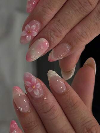 24片短款杏仁形指甲贴 甜美粉色 立体花朵水滴 可穿戴美甲美甲套装（内含：一片果冻胶和一片锉条） 适合女性日常约会派对按压式指甲 美甲用品 美甲