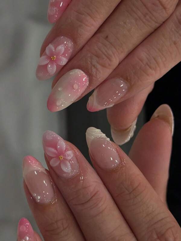 24 Pieces Of Short Almond-Shaped Nail Stickers, Sweet Pink, Three-Dimensional Flower Water Drop, Wearable Nail And Nail Set (With: One Piece Of Jelly Glue And One File Strip), Suitable For Women's Daily Dates And Parties