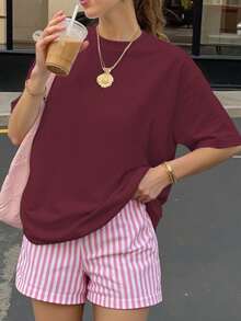 以耶稣之名 印花宽松女式短袖T恤，适合春节、中国新年、马年、新年快乐、情人节、情人节礼物、情人节送她的礼物 - 酒紅色 - 查看 2