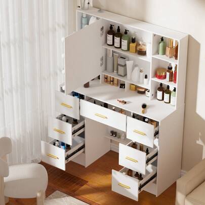 INS Style Cream White Scandinavian Luxurious Solid Wood LED Make-Up Mirror Table | One Piece Workstation + Large Drawer Storage | Girly Princess Make-Up Area | In Stock | Fast Delivery