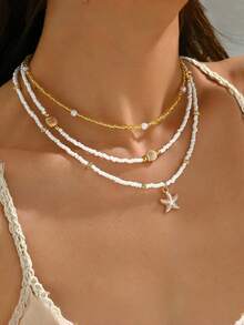 3 Pcs Bohemian Style Starfish & Shell Beaded Necklace Set, Suitable For Women Beach Party - Multicolor - View 2