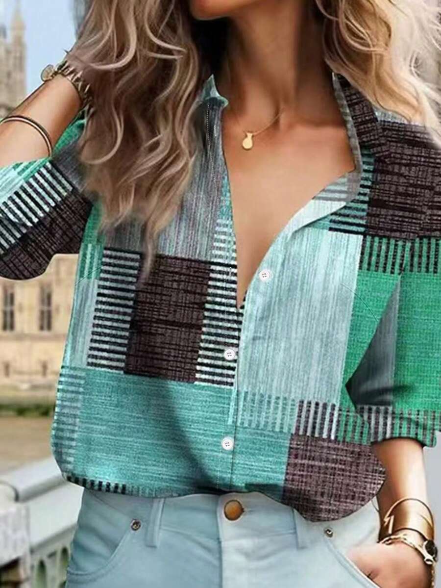 Colorblock Button Printed Long Sleeve Casual Retro Shirt