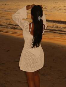 女士长袖镂空泳衣罩衫，优雅波西米亚海滩度假风，V领半身裙 - 杏色 - 查看 6