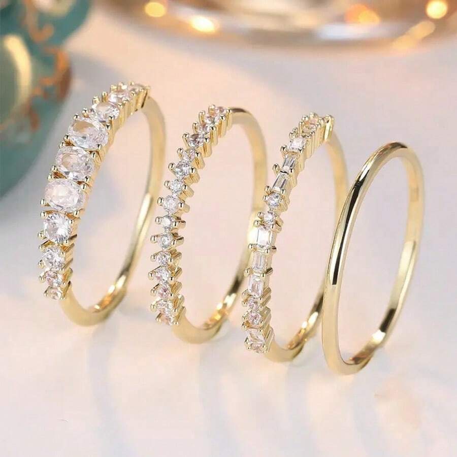 4 Stücke/Set 14-Karat vergoldete Kupferringe, mit kubischem Zirkonia verziert, versprochene einfache, elegante, modische und glänzende Verlobungs-/Eheringe. Geeignet als Partyschmuck und Schmuckgeschenk für besondere Anlässe. Stapelbare Ringe/Cocktailparty-Ringe. - Gold - Übersicht 1