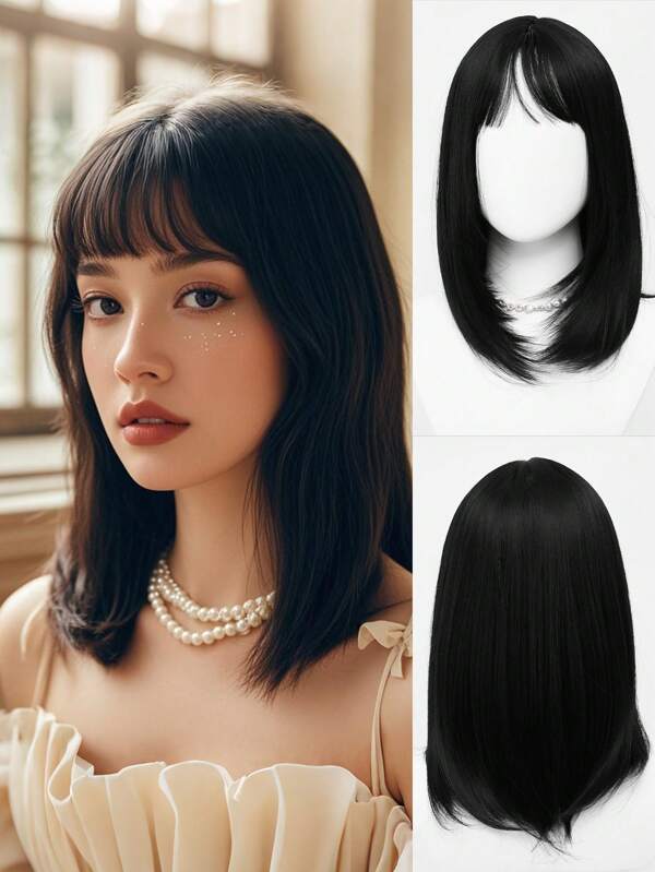 XYUNMI Sweet Black Long Straight Hair With Bangs 16 Inch Lightweight Breathable Women's Heat Resistant Synthetic Wig Suitable For Daily Wear Party Role Playing Photoshoot Beautiful Natural Lively Cute Short Hair
