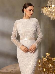 Faeriesty 优雅长袖串珠亮片晚礼服——修身剪裁，配腰带、薄纱垂褶袖和及地鱼尾裙摆，适合奢华婚礼、盛大晚宴、正式晚宴和名人活动。 - 香檳色 - 查看 7