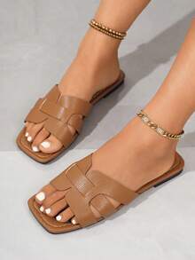 Sandalias planas tipo pala para mujer, nueva moda de verano 2025 con puntera cuadrada y diseño de rayas, sandalias casuales - Marrón - Ver 2