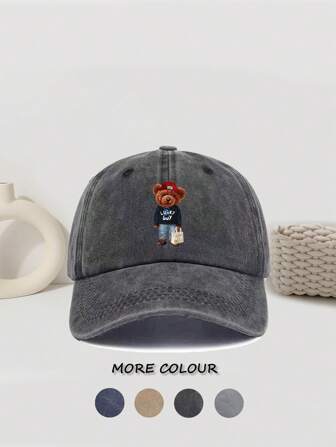 1 pièce Casquette de baseball imprimée "Ours chanceux", décontractée, rétro, réglable, monochrome, convenant pour le streetwear et le port quotidien, thème animal