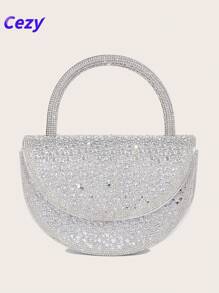 Cezy 1 pieza Elegante bolso de mano plateado de strass, forro de poliéster resistente - Correa para el hombro desmontable y cierre magnético - Clutch ligero para la noche, adecuado para bodas, fiestas y eventos formales