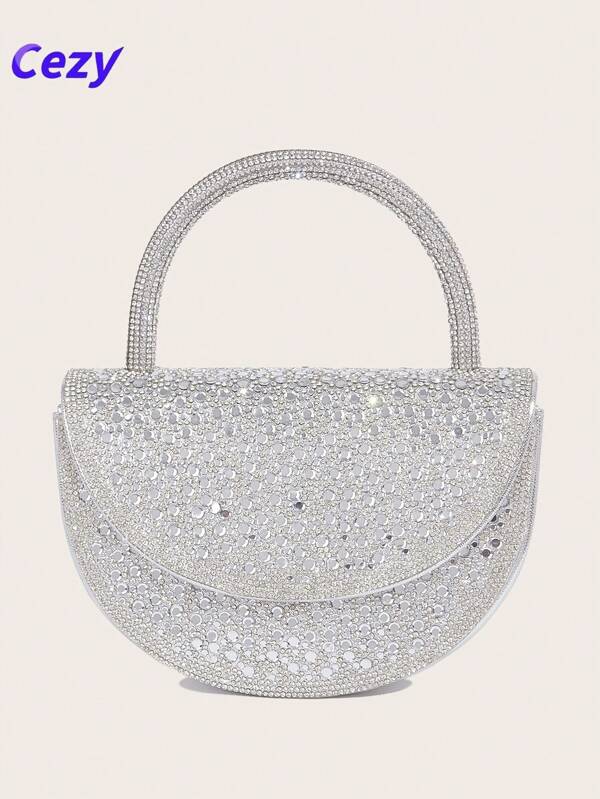 Cezy 1 pieza Elegante bolso de mano plateado de strass, forro de poliéster resistente - Correa para el hombro desmontable y cierre magnético - Clutch ligero para la noche, adecuado para bodas, fiestas y eventos formales