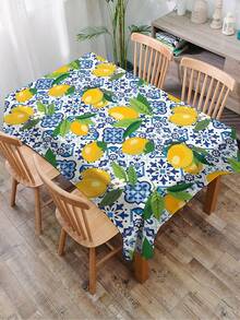 1 pieza Mantel rectangular/redondo moderno de poliéster a prueba de agua con estampado de limón y flores azules, apto para sala de estar, mesa de comedor al aire libre, mesa redonda pequeña, con impresión digital - Multicolor - Ver 17