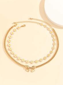 Set de 2 collares de dije con pajarita y flor margarita de aleación de zinc, adecuados para uso diario, fiestas y viajes de niñas/mujeres, mejor amiga