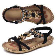 Women Sandals Floral Print Elastic Strap Lightweight Beach Shoes - màu đen - Xem 7