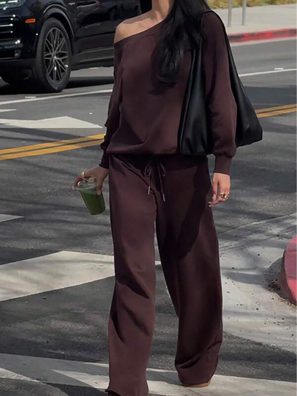 Set de 2 piezas de sudadera informal con bolsillo de cordón y hombros oblicuos, top y Bottom, en unicolor para mujeres