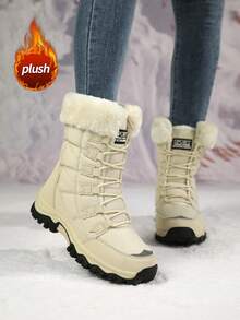 Giày bốt đi tuyết dày ấm chống trượt bền bỉ cho nữ khi đi ngoài trời, giày đi bộ đường dài cổ cao màu trơn thoải mái - Màu be - Xem 5