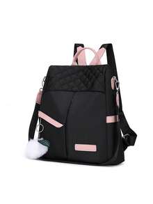 Black And Pink Oxford Cloth Women'S Backpack With Multiple Compartments, Perfect For Teen Girls, Women, Men, Students, Travel, Work, School, And Daily Use – Stylish, Lightweight, Anti-Theft, Durable, With Cute Pom-Pom Charm. The Material Appears To Be Durable, Making It Suitable For Daily Use, Such As Commuting Or Traveling. For Carrying Books, Personal Items, Etc. - 黑色 - 查看 7