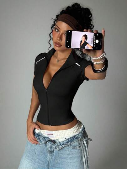 FWH Streetwear Hybrid,Relaxed-Fit Performance Top,High Neck Zip Detail,Tummy Control,Comfort Meets Style,Office-To-Pilates Transition,Perfect For Dance/Jogging,Retro Sporty Vibes + Modern Fits,Fashion Sports Jacket