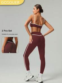 GOSOUER 2 件套 CO Ord 套装春夏女士时尚白色线条瑜伽运动文胸和紧身裤