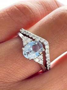 Anel de prata luxuoso para mulheres, 2 peças, elegante, moderno, com incrustações de metal, zircônia brilhante, joia de casamento e noivado