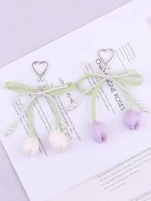 1pc Flower Ribbon Decor Chain Heart Shape Clasp Pearl Tulip Keychain For Women, Bag Charm - Multicolor - View 3