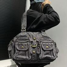 Denim Washed Denim Tote Bag For Women Vintage Shoulder Bag With Multiple Distressed Pockets