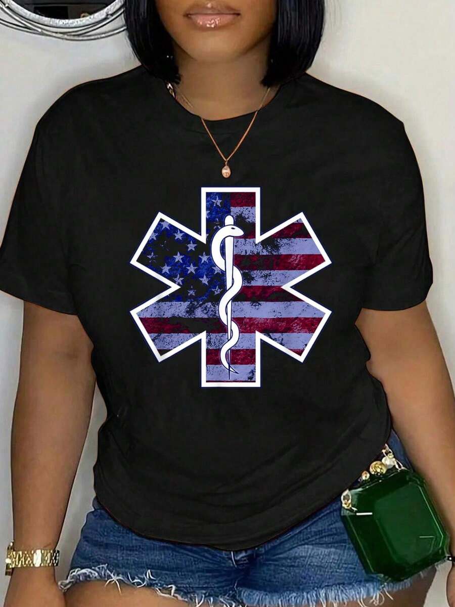 100% Cotton American Flag EMS EMT Paramedic Logo Design T-Shirt Unisex Classic Comfort Tee Tops Oversized Crew Neck T Shirts - màu đen - Xem 1