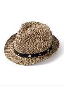 1pc Star Patchwork Bohemian Leather Strap Decorative UV Protection Woven Straw Panama Hat, Western Cowboy Sun Hat, Fashionable All-Match For Men And Women, All Seasons