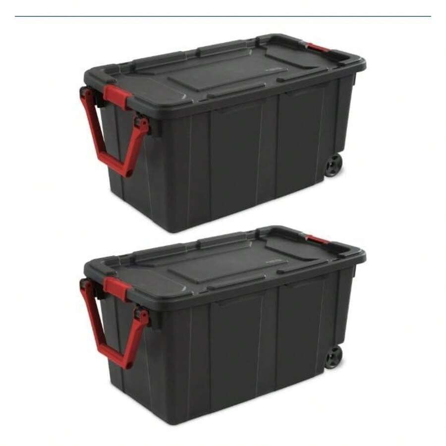 Modern Plastic & Metal 40 Gallon Lidded Home Storage Bins, Stackable Industrial Storage Containers Tote, Organizing Tote Tub Box With Wheeled, Moving Boxes, Set Of 2, Black - 彩色 - 查看 1