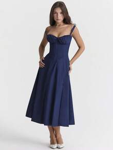 Ladies Temperamento Cool Sexy Suspender Long Party Dress, Ladies Dresses, Ladies Evening Dresses Vestidos, vestidos de noch, vestidos de fiesta elegantes, Color de moda y de alto grado que muestra el temperamento, mostrando buena figura, Adecuado para el partido, de vacaciones, asistir a eventos, permanecer, junto al mar, la fotografía de viajes, fotografía de la calle, el trabajo y el desgaste diario casual. - Azul Marino - Ver 3