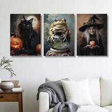 3pcs Halloween Decoration Black Cat And Jack - Lantern, Witch And Apple, Frog And Pot Wall Arts Canvas Posters, High Definition Printing Optional Frame, Living Room And Bedroom Home Decoration Hanging Paintings - Multicolor - View 5