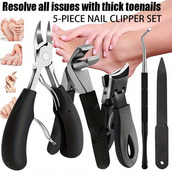 5pcs Professional Heavy-Duty Toenail Clipper Set For Ingrown & Thick Toenails, Stainless Steel Concave Blade, Modern Style With Storage Case, Unscented, For Men & Women