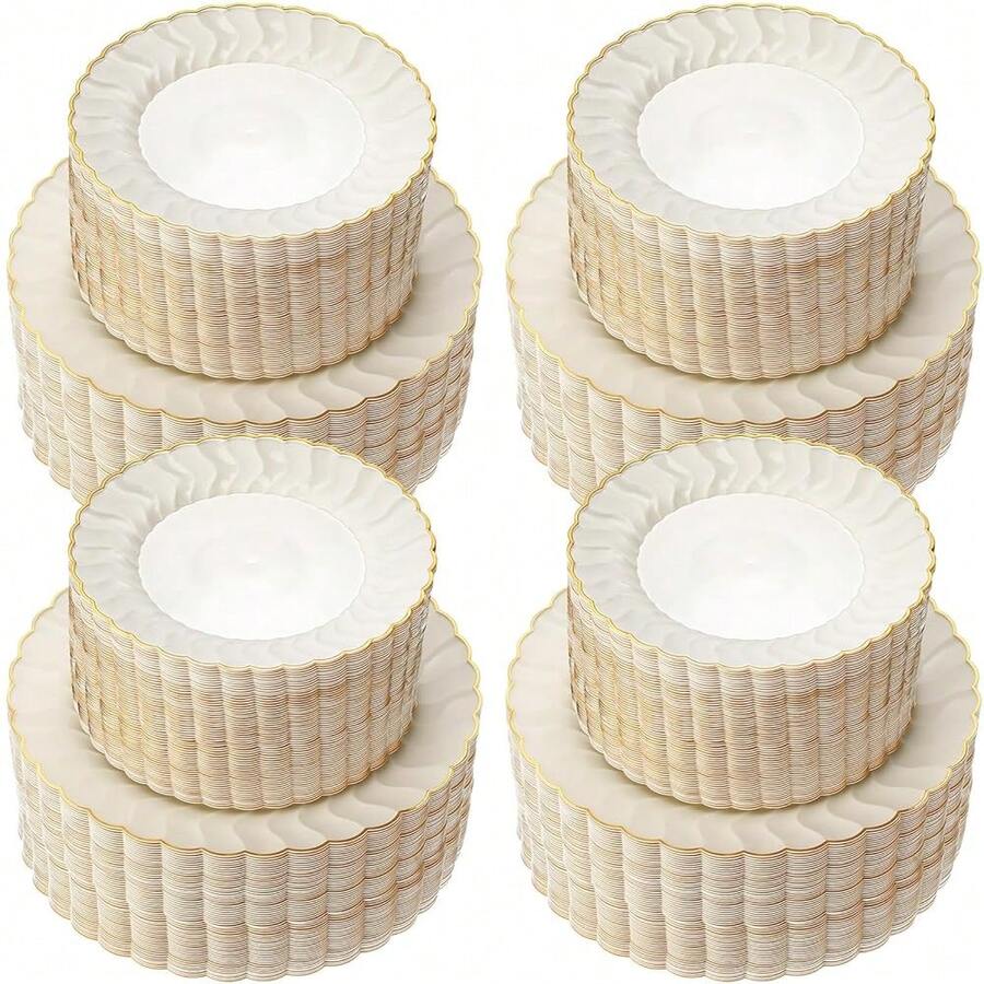 Ivory Plastic Plates With Gold Rim Heavy Duty Disposable Plates For Dessert, Appetizer, Holiday, Wedding, Party(80 Pcs,Ivory) - Multicolor - View 1