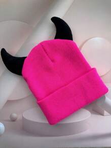 1 pièce Bonnet tricoté à corne de dessin animé en acrylique unisexe, mignon et chaud
