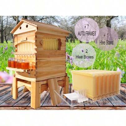 Auto Fowing Langstroth Bee Hives Honey House + 7 Beekeeping Frames + Hive Stand