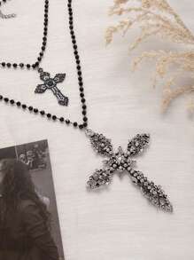 1pc Multi-Layer Cross Pendant Necklace, Black Metal Faux Crystal Zirconia, Women Punk Goth Party Accessory, Match Daily Outfit