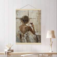 1 件中性米色墙壁艺术：拿着酒杯的女人帆布画 - 适用于客厅装饰，无框