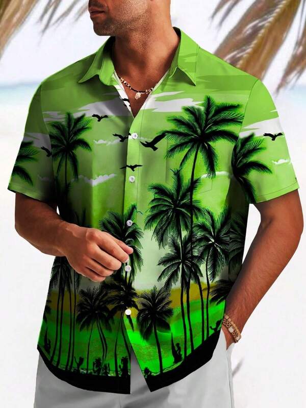 Camisa de manga corta informal de ocio con cuello polo, bolsillo en el pecho, estampado artístico versátil de árbol de coco en 3D, para vacaciones, para hombres