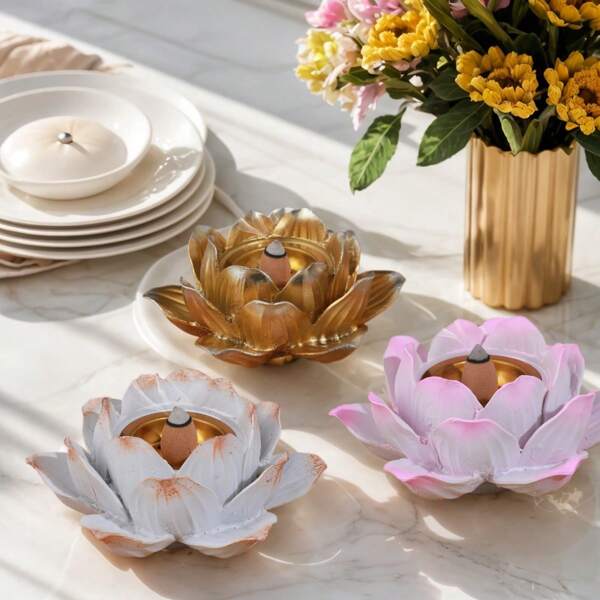 1 pieza Quemador de aceites aromáticos con diseño de loto, decoración del hogar y la cocina con pétalos de resina, decoración festiva, regalo