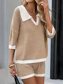 女士条纹针织宽松短袖 Polo 衫和短裤套装，休闲优雅，日常穿着，随机条纹，适合春夏、返校季和秋季女装