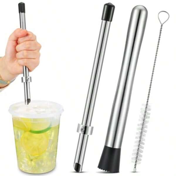 2 Pcs Straw Puncher And Muddler For Lemonade Plastic Lids Cups Straw Hole Puncher 304 Stainl Steel Muddler Fresh Squeezed Lemonade Stand Supplies