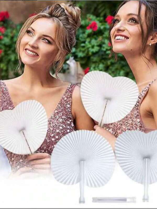6pcs White Elegant Heart-Shaped Origami Fan, White Paper Wedding Decoration, Folding Hand Fan, Suitable For Bridal Parties, Receptions And Ceremonies, DIY Yourself