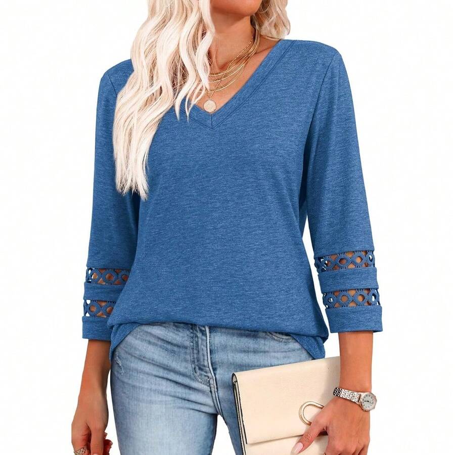 XIEERDUO 3/4 Length Sleeve Womens Tops Dressy Casual Blouses For Women 2025 V Neck T Shirts Summer Clothes - 藍色 - 查看 1