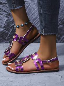 女士平底凉鞋，纯色波西米亚风格 PU 皮革铆钉扣平底凉鞋，适合海滩、婚礼、派对、办公室、家居、户外、夏季