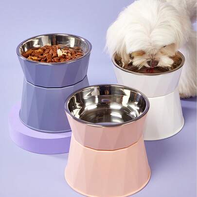 PETSIN 大容量提高的貓碗帶不銹鋼狗碗,可拆卸三角形圖案寵物碗