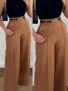 Women's Tailored Trousers With Belt - Camel - View 1