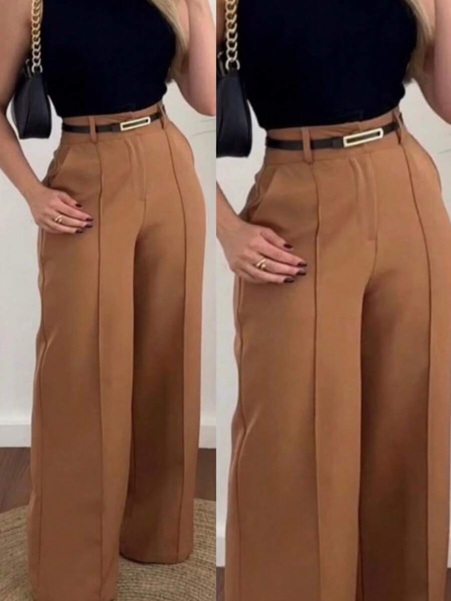 Women's Tailored Trousers With Belt - Camel - View 1